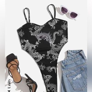 Black dragon body suit, high rise